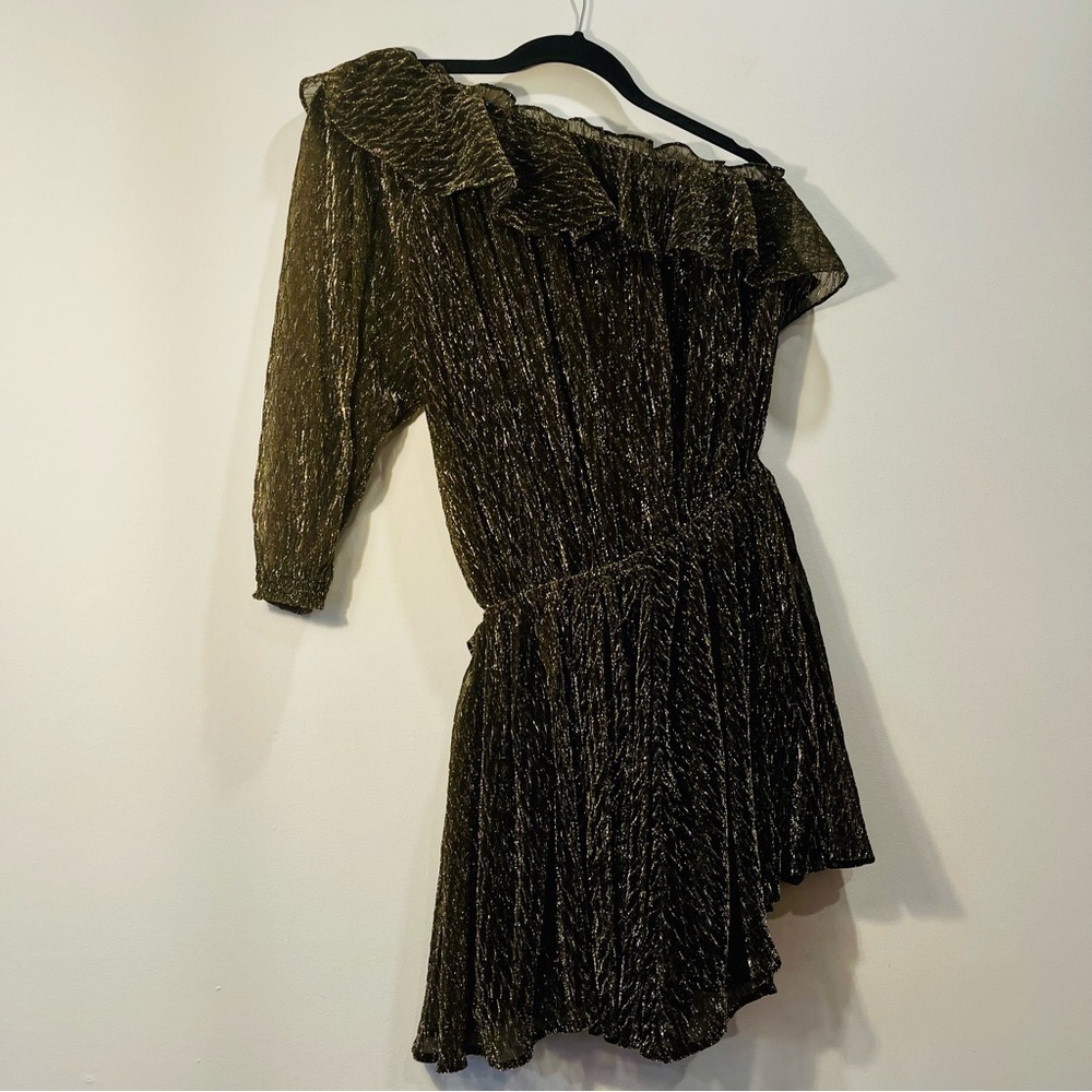 IRO Paris Payham Black Gold Lame One Shoulder Ruffle Sheer Jumpsuit Romper Large - Picture 12 of 17